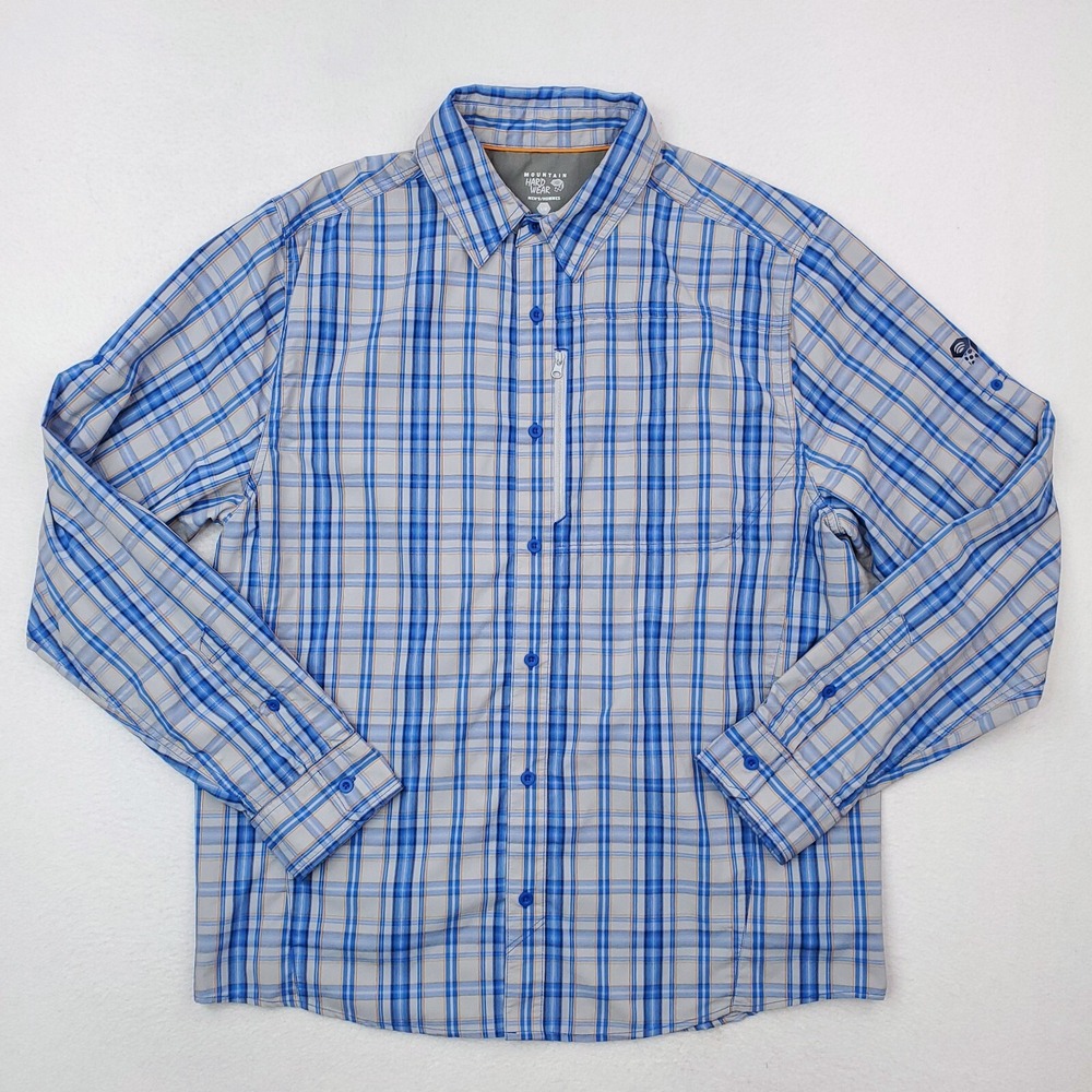 Mountain Hardwear Shirt Mens Large Blue Gray Plaid Button Up‎ Hiking Lightweight